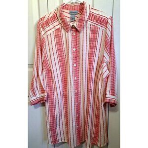 Catherines Women's 1X Red White Striped 3/4 Sleeve Collared Blouse New w/Tags